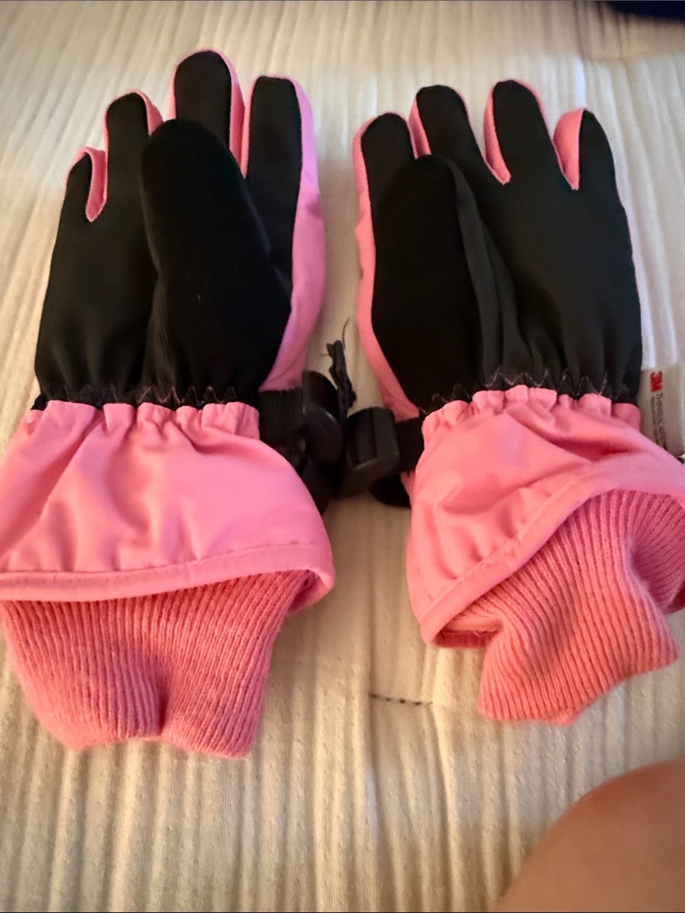 Kids Pink Winter Mittens - Insulated, Grip Palm small rip in strap.